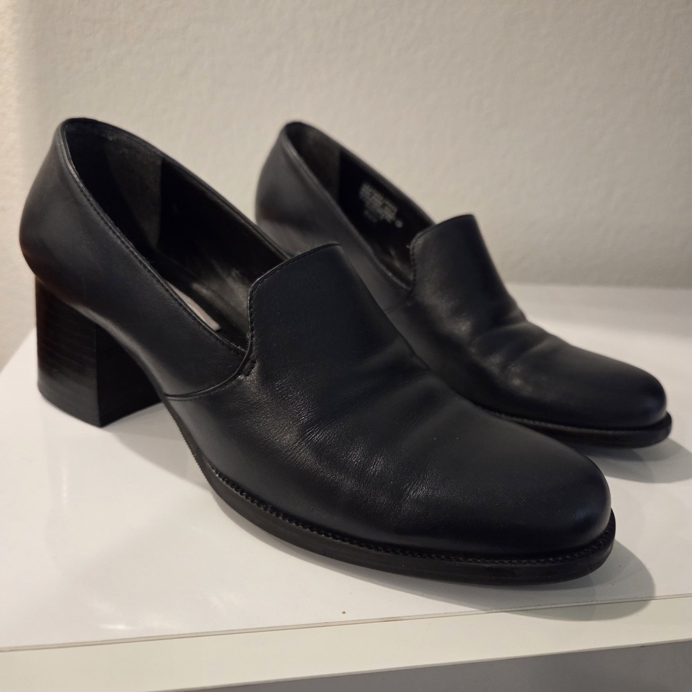 Vintage Luca B for Calico Black Leather Heeled Loafers Krall 3 Women 6.5 Y2k